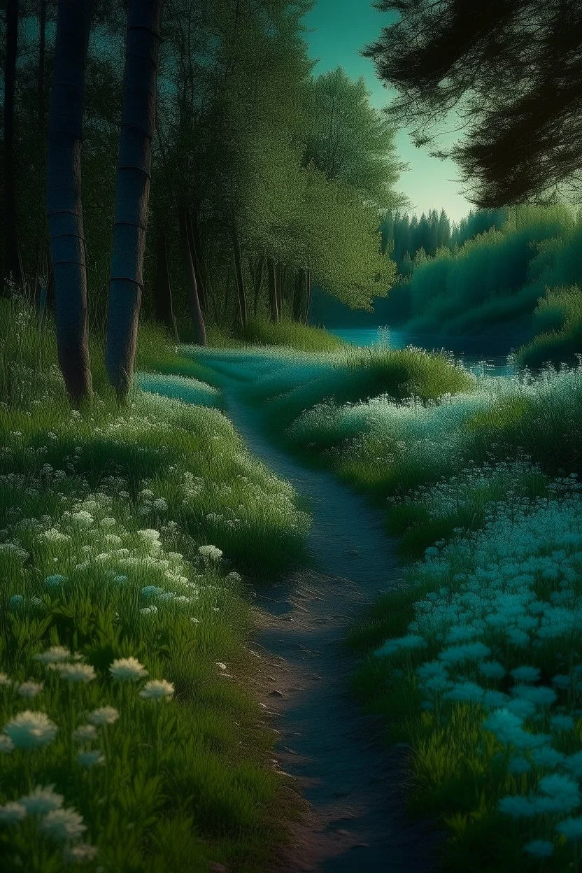 forest trail, teal of flowers, dusk by a lake