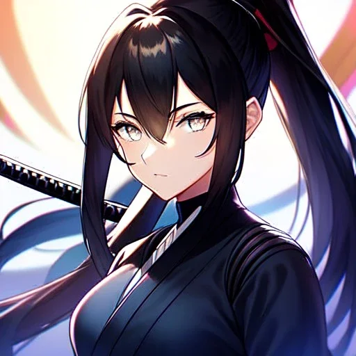 8k, high quality, detailed, beautiful lighting, vibrant colors, black long hair, vibrant white eyes, girl, ponytail, ninja, holding katana