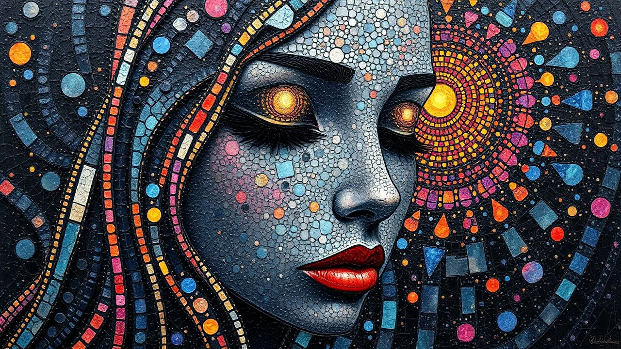 masterpiece Impasto style oil painting of creating figure full an girl the face is made of granite terrazzo motifs black with textured brush strokes, long hair is made of immersive experience, intricate and detailed, trippy psychedelic Pointillist bright, lively and colorful explosions mirrors dry, and closed eyes. Cubist granite abstract descending from a amazing stained glass spirograph sheets slanted ribbon lines, a sheets spiral geomatrical, Express live brushwork brings depth and texture to