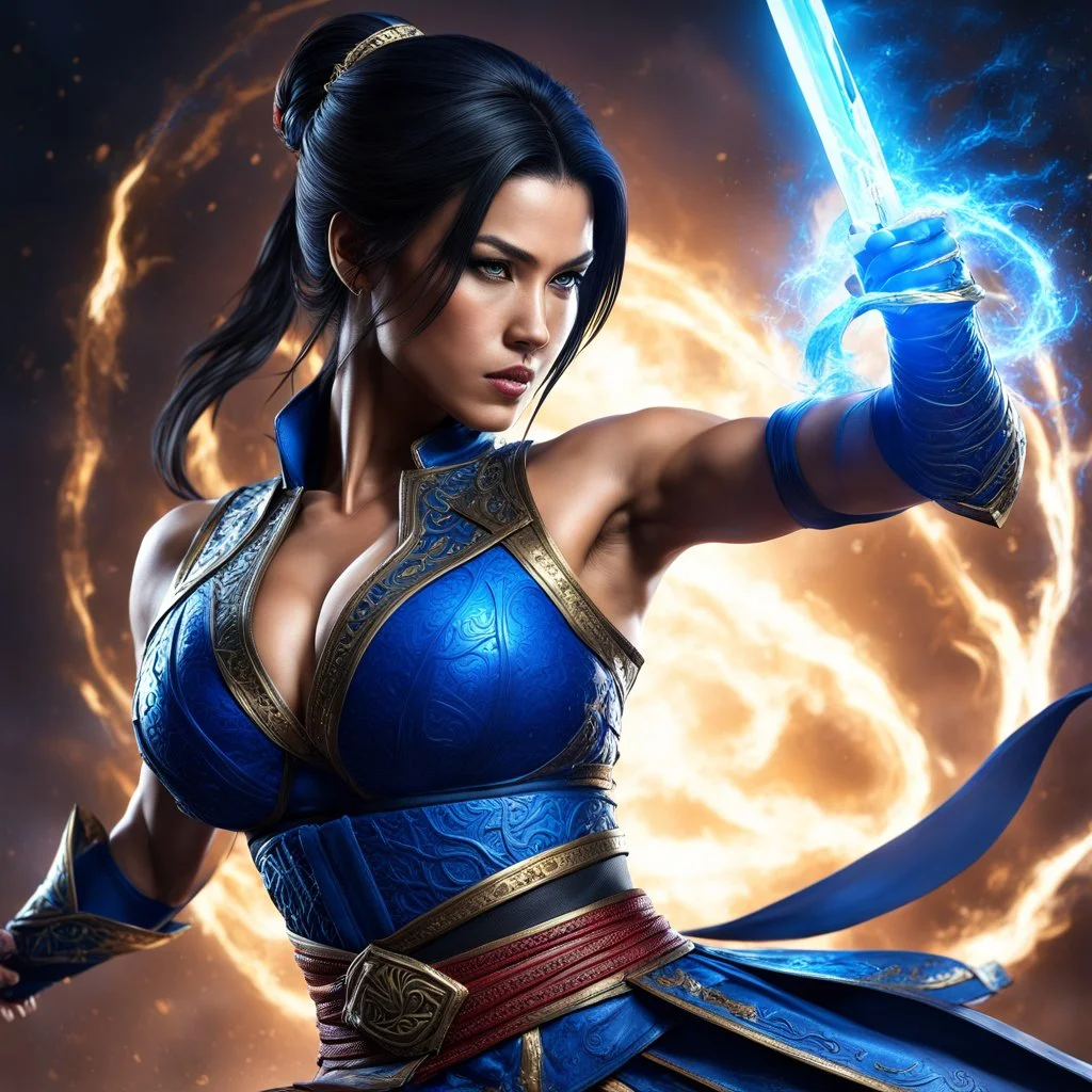 Fhoto full body, reality, Raw, kitana vs Liu kang, super magic storm, mortal combat, sword, sexy killer, power of dragon, digital art, intricate details, powerful composition, captivating, , trending on artstation, sharp focus, studio photo, intricate details, highly detailed, by addiedigi