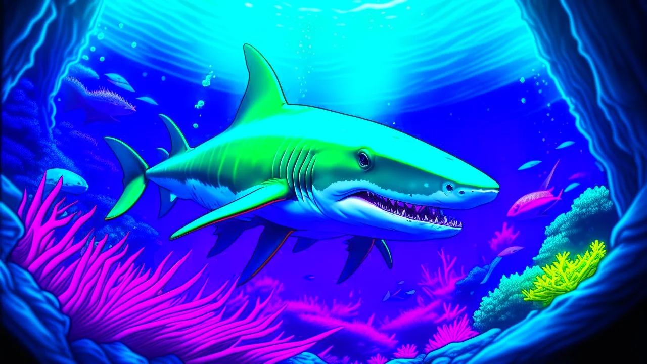 Comic style, realistic coloring, underwater, coral reef, shark