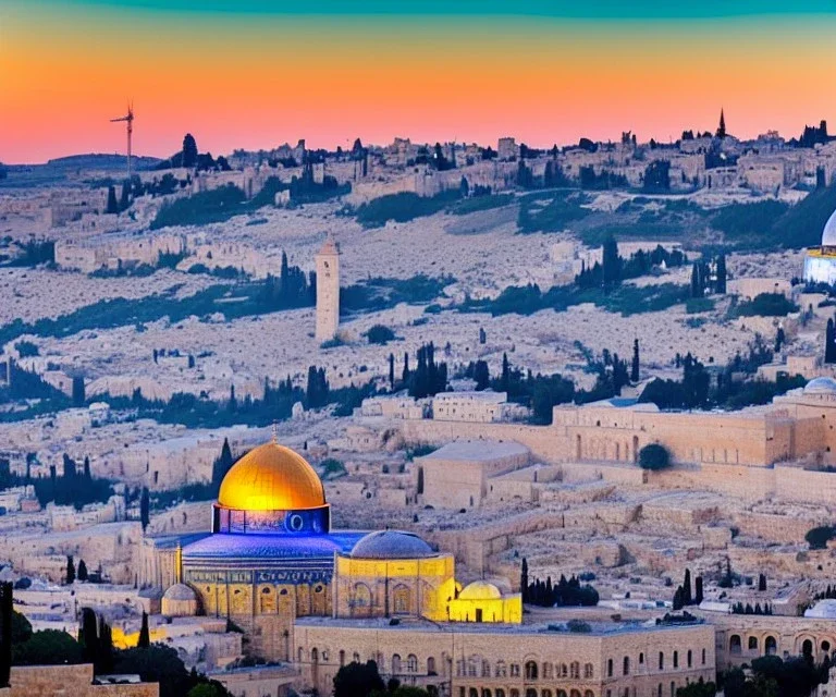 100,000,000 christians, men, women,and children, WORSHIPPING, dressed in white, beam of light coming from square Temple in center, Jerusalem, hills and valley in background, dusk, andromeda GALAXY IN SKY