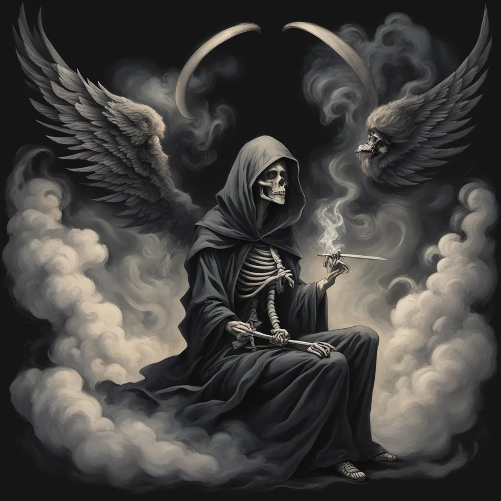 women sitting on a dark background. Her their face turned upwards and blows cigarette smoke from their mouth, The dominant colors are black and gray. It depicts a figure with wings emerging from its back. a hooded skeleton can be seen behind the clouds of smoke. he holds a scythe in one hand and a touch person in the other