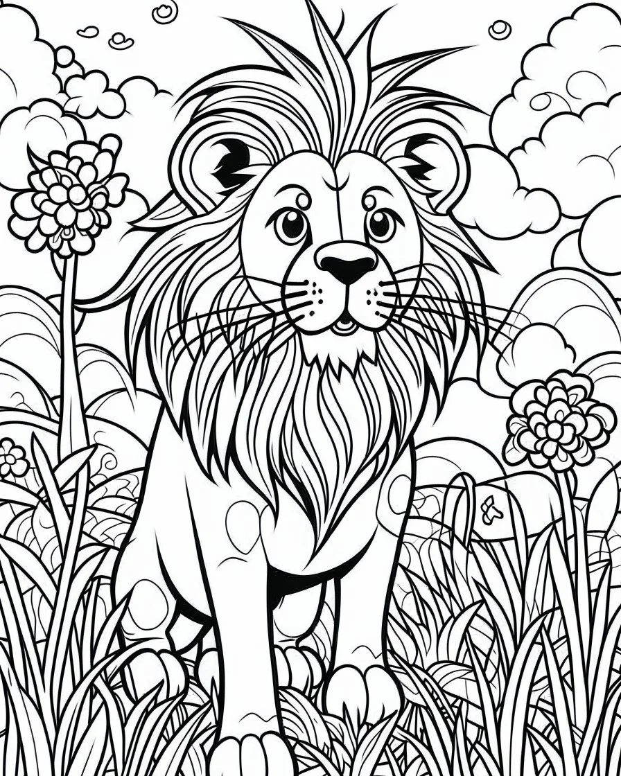 create a 2d black outline, "safari lion coloring book for kids ", coloring page, low details design, black contour, coloring page design, simple background, colorful , card style, coloring page for kids, white background, sketch style, cartioon style, safari landscape