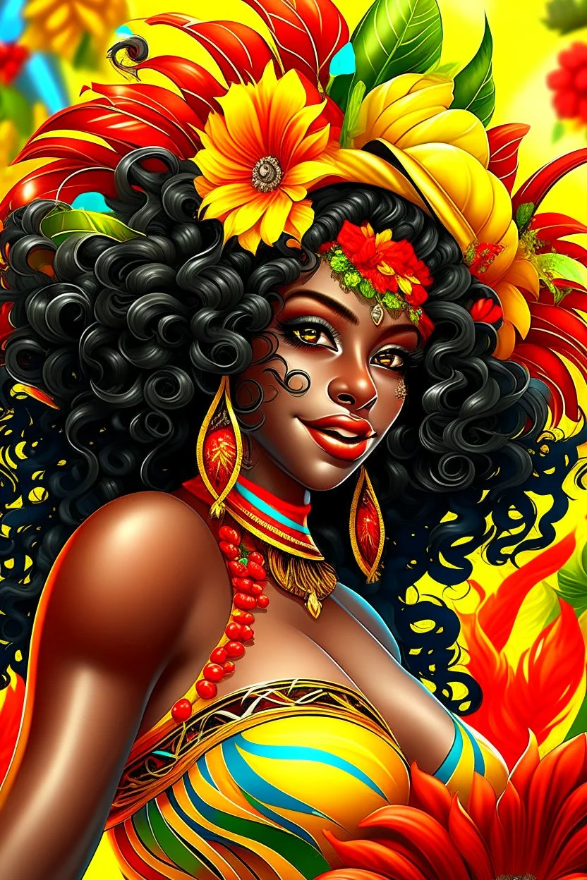 Create a digital airbrush cartoon of a curvy African American female wearing Brazilian carnaval outfit outfit that's Black, yellow, and red Prominent make up with hazel eyes. Highly detailed very long extremely curly black hair. Her skin is smooth and silky. Background eof a judge full of colorful flowers