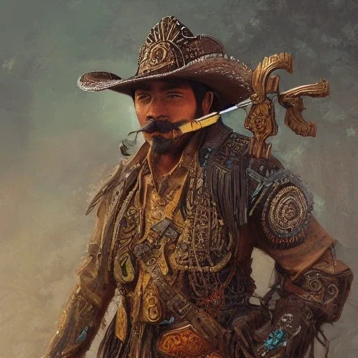 Insanely detailed photograph of an “ a mustachioed cowboy warrior ” with detailed Sombrero, intricate charo,cigar,crossbow in hand, hyperdetailed painting by Ismail Inceoglu Huang Guangjian and Dan Witz CGSociety ZBrush Central fantasy art album cover art,8K, hdr, mysterious, flickeringlights ,Stoic