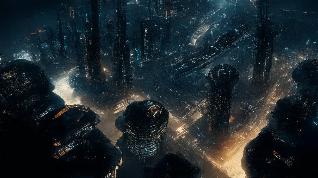 dark cyberpunk city from above the sky, comic style