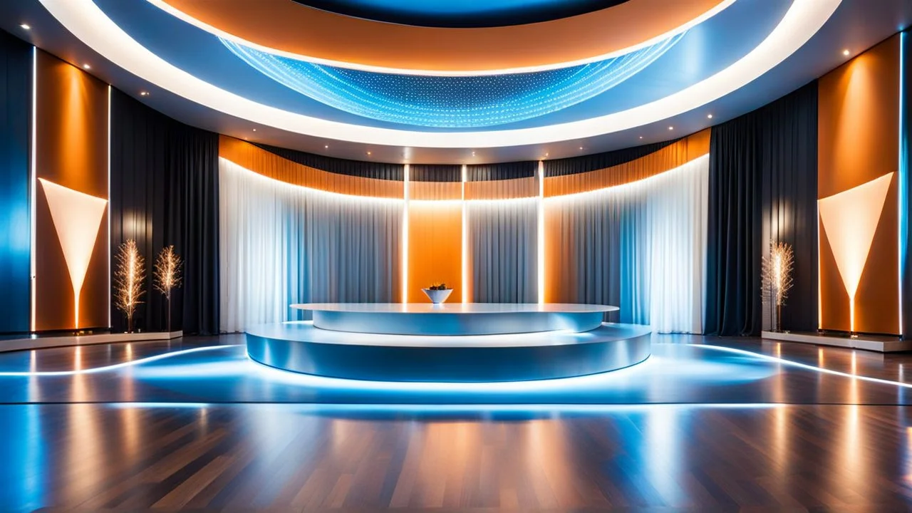 beautiful dance stage in luxury modern hall dynamic lights, modern furniture light blue & orange theme