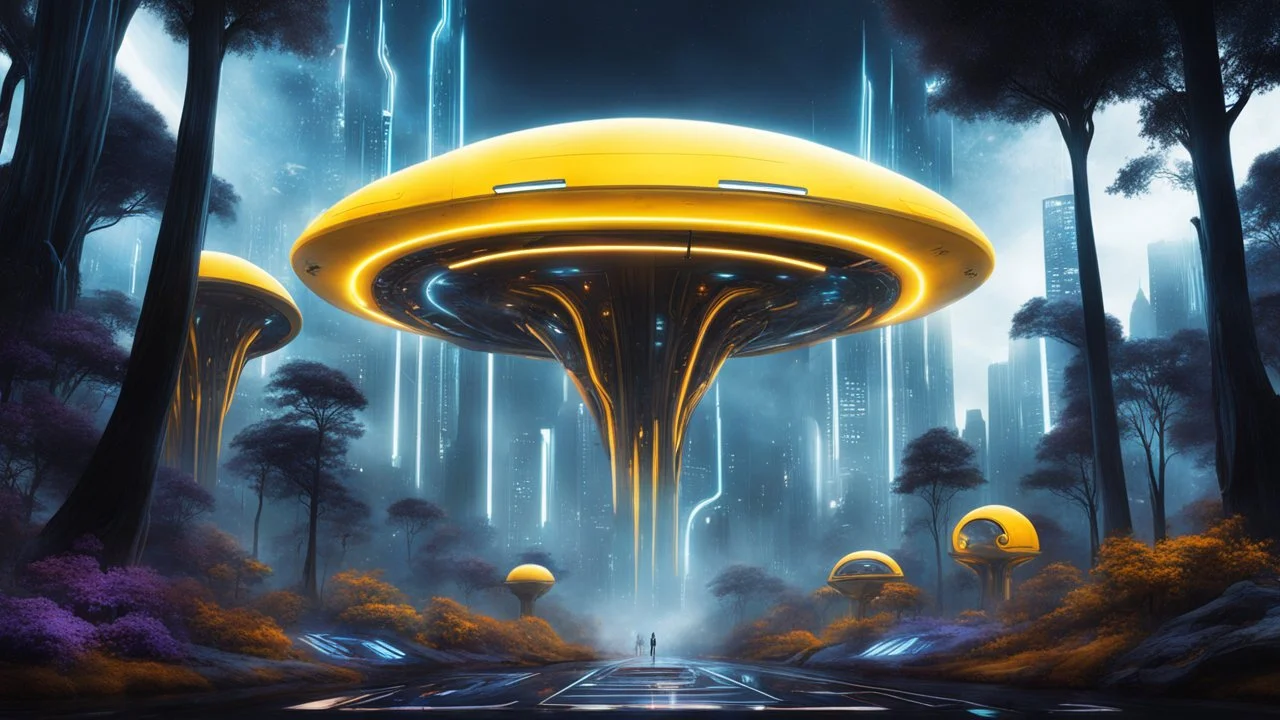 hyper realistic, tron legacy movie, aliens creatures, space ships of the future, city of the future, trees , forest, yellow, blue, purple, orange, space, planets, god creations