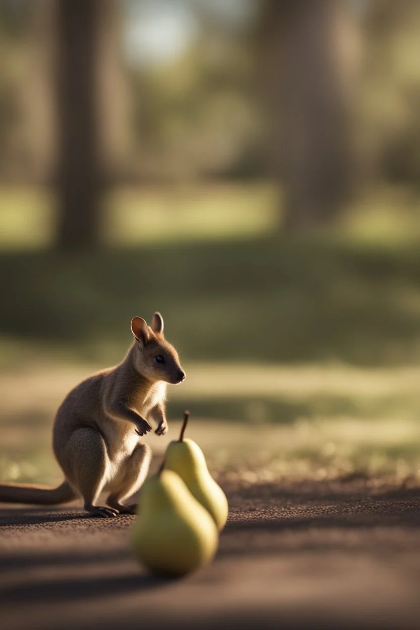 wallaby training pear throwing, bokeh like f/0.8, tilt-shift lens 8k, high detail, smooth render, down-light, unreal engine, prize winning