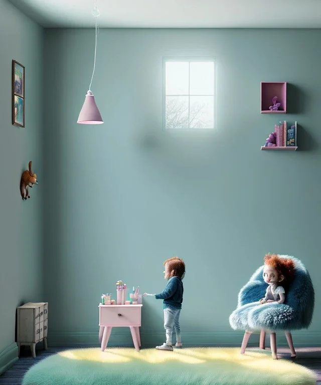 Realistic child room. sweet big furry monster sitting. girl from behind. Steven Spielberg style. Red hair, smile, happy, gradient color fog. highly detailed, concept art, unreal engine 5, ray tracing, RTX, lumen lighting, ultra detail, volumetric lighting, 3d, finely drawn, high definition, high resolution.