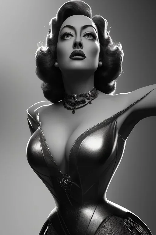 Joan Crawford as evil queen in black leather, busty, cleavage, dominatrix, curvy, angry, stern look. unreal 5, octane render, cinema4d, dynamic lighting, dramatic lighting, 4k, redshift render, highly detailed, hyper realistic,anthropomorphic