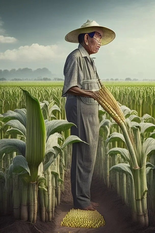 Asian farmer growing tall corn