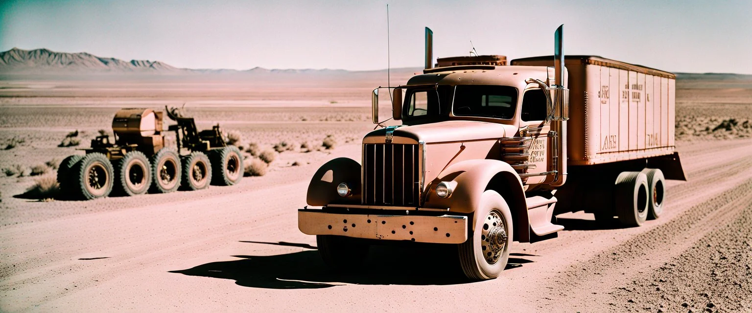 Long haul Trucker liberation army, Alberta Desert, cinematic, Fuji Film, Anamorphic lens, 2040s, deep depth of field, in a Cyber punk WW3 film