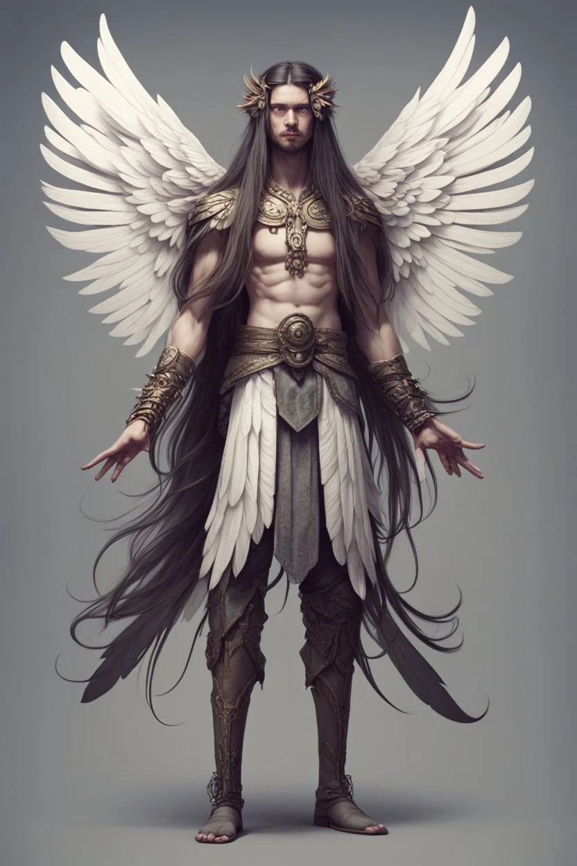 human with a bird head character with long hair, strong wings and bow