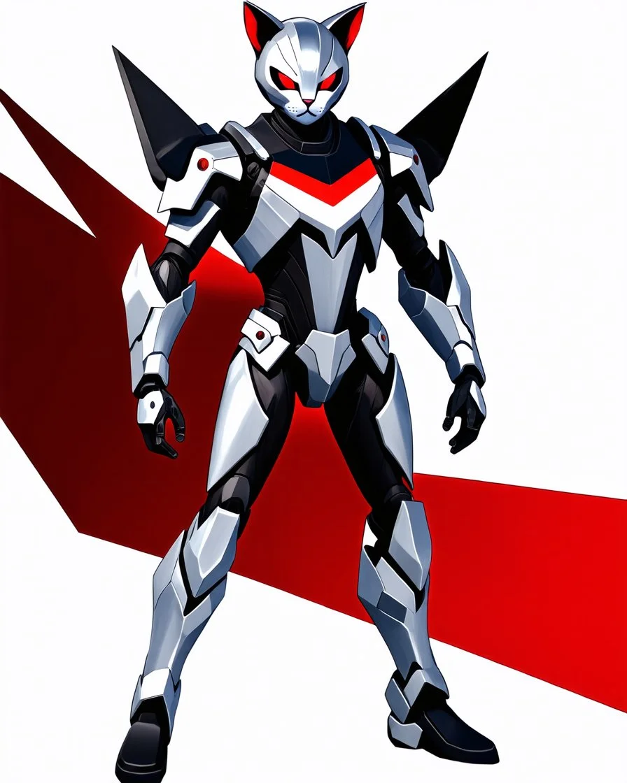 (((Full body and legs))). Digital illustration of futuristic character with armor, dynamic. Elegant metallic suit adorned with sharp angular lines, silver colors, black details, red stripe on the chest. Helmet with pointed cat design, cat ears, bright red cat eyes, exuding menacing presence. Stylized, abstract artwork, sketch-like quality, vibrant colors emphasize intricate details of the armor