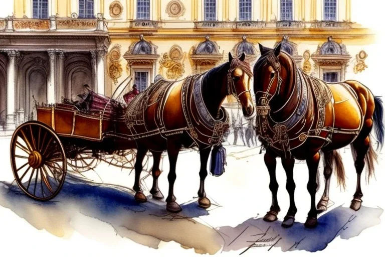 A fiacre landauer carriage with two lightbrown horses is standing in front of the Hofburg, Vienna. Aquarell