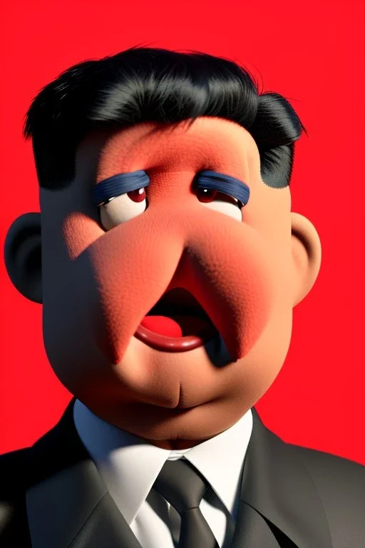 Waist up muppet Portrait, Kim Jong-un muppet doll, black suit, photo studio, red background, unreal engine 5, concept art, art station, god lights, ray tracing, RTX, lumen lighting, ultra detail, volumetric lighting, 3d.