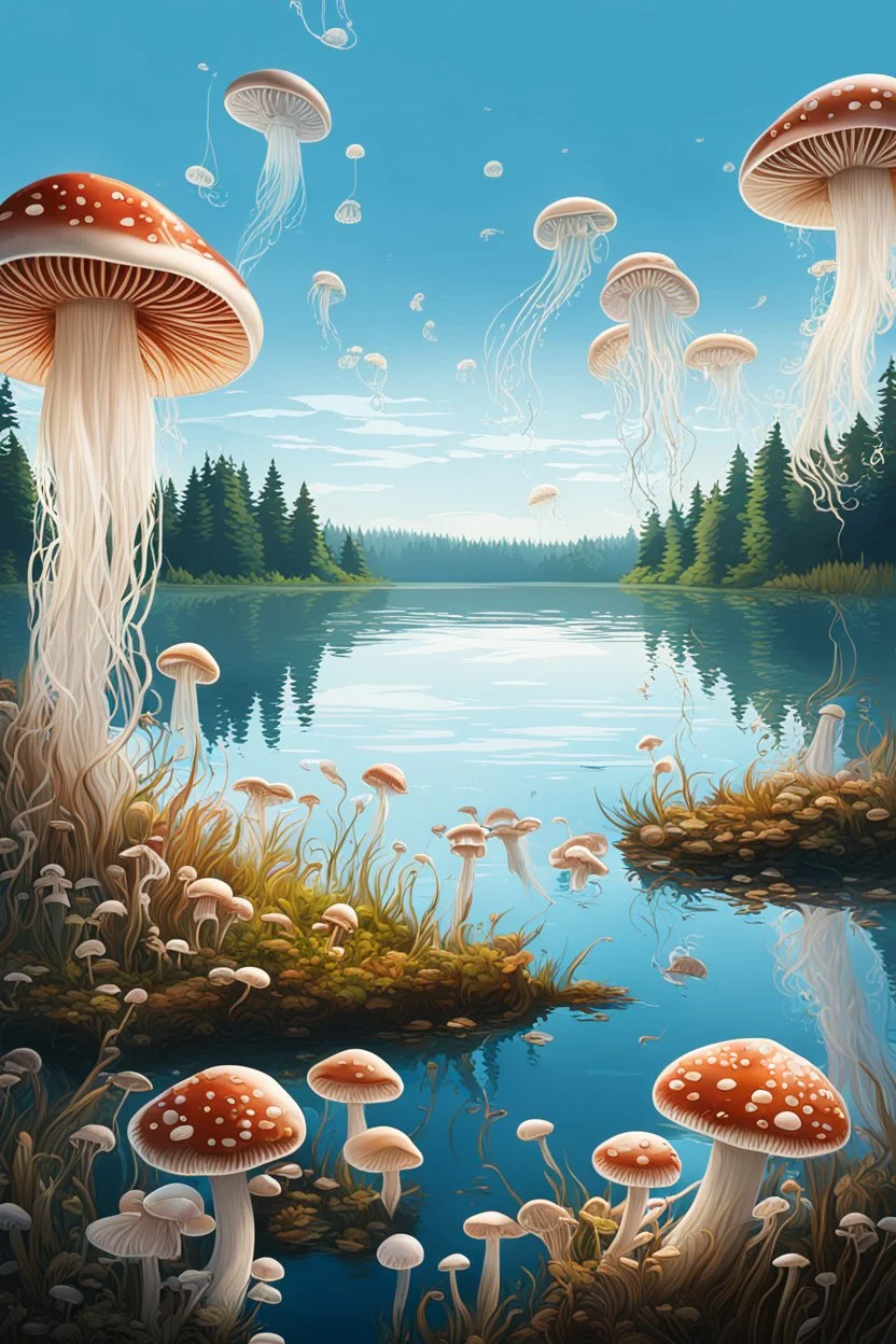 Landscape scene across a lake with mushrooms with jellyfish tentacles floating through a light blue clear sky