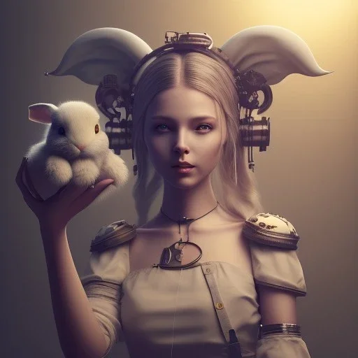 a cute smiling girl holding her toy bunny, tattoo in her face, michelangelo oil painting, steam punk, scary, horror, realistic, made in octane, cinematic, ultra-realistic, extremely detailed octane rendering, 8K, VRAY Super Real ar 2:3, dof photorealistic futuristic 50mm lens hard lighting dark gray tintype photograph, realistic lighting, sephia colors