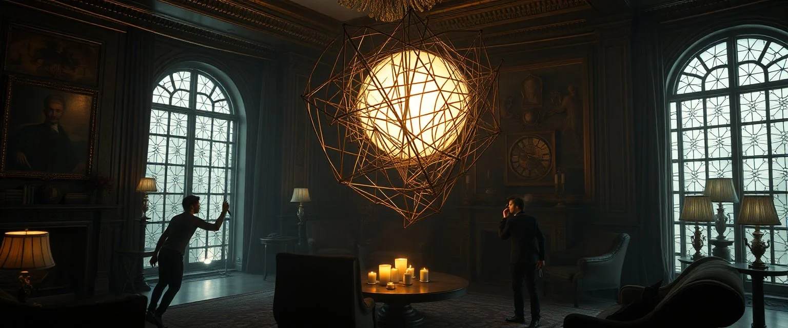 Lotsa goths trying to contain energy from floating glowing vessel made by twisted sticks creating weird geometric form in dramatic scene in luxury parlour in the style of Giger and Escher