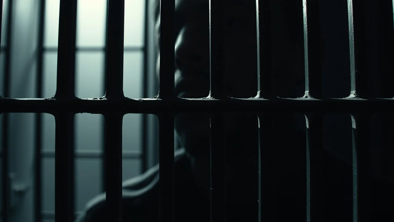 close up parallel prison window bars in foreground, dark prison cell behind him, hidden dark human face partially visible through the window bars, pale light, vertical shadows in background, ultra realistic, dark atmosphere, high contrasts, dark vibe, cinematic