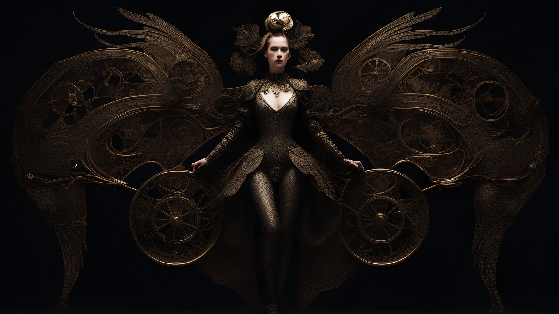 full length, steampunk delicate metal woman, moth, wings, black background