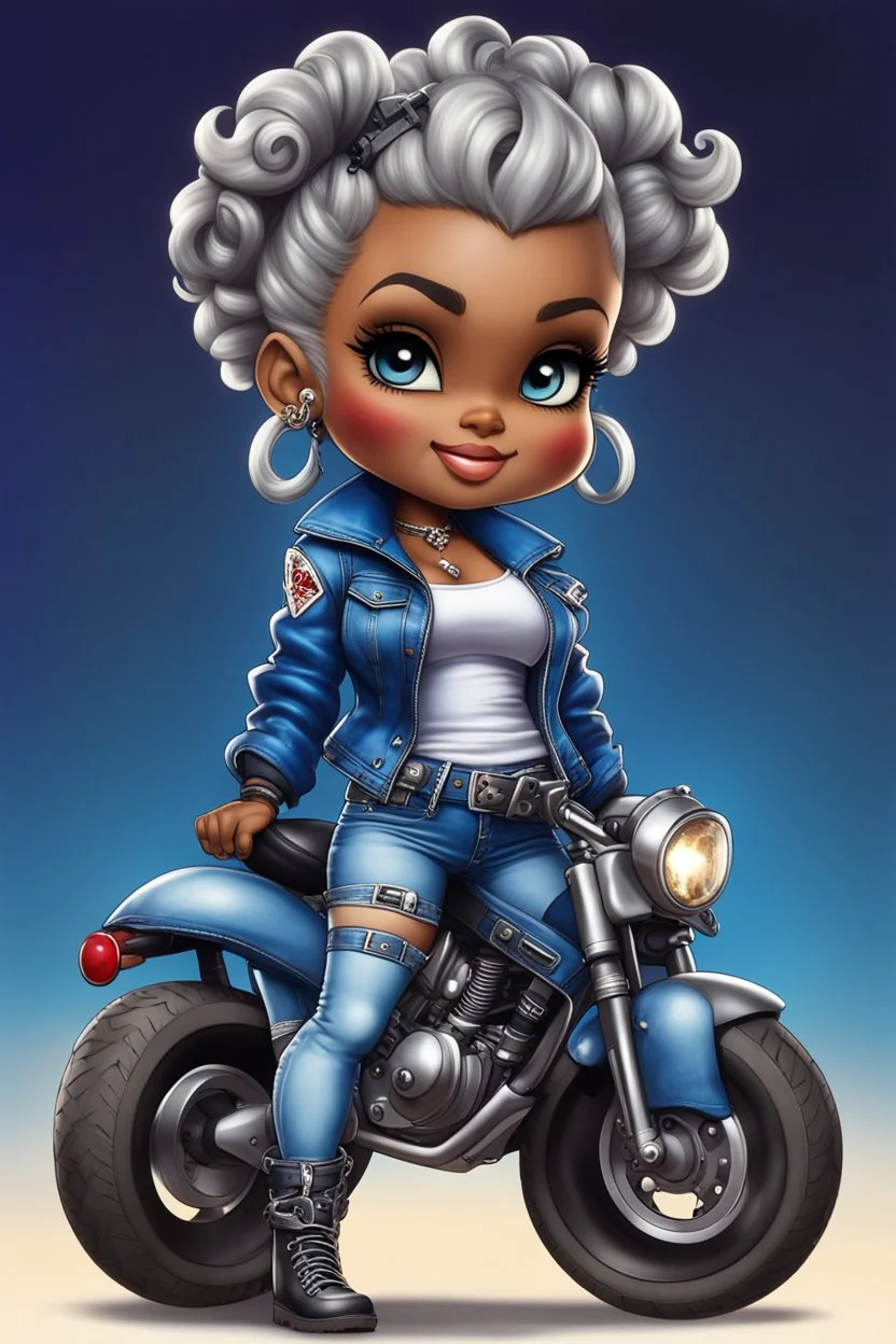 airbrush illustration of the chibi cartoon character, a voluptuous black female in a blue jean outfit with biker boots. Her prominent makeup and hazel eyes, along with her detailed platinum blonde bantu knots, are featured in this image, set against the background of a lively bike show.