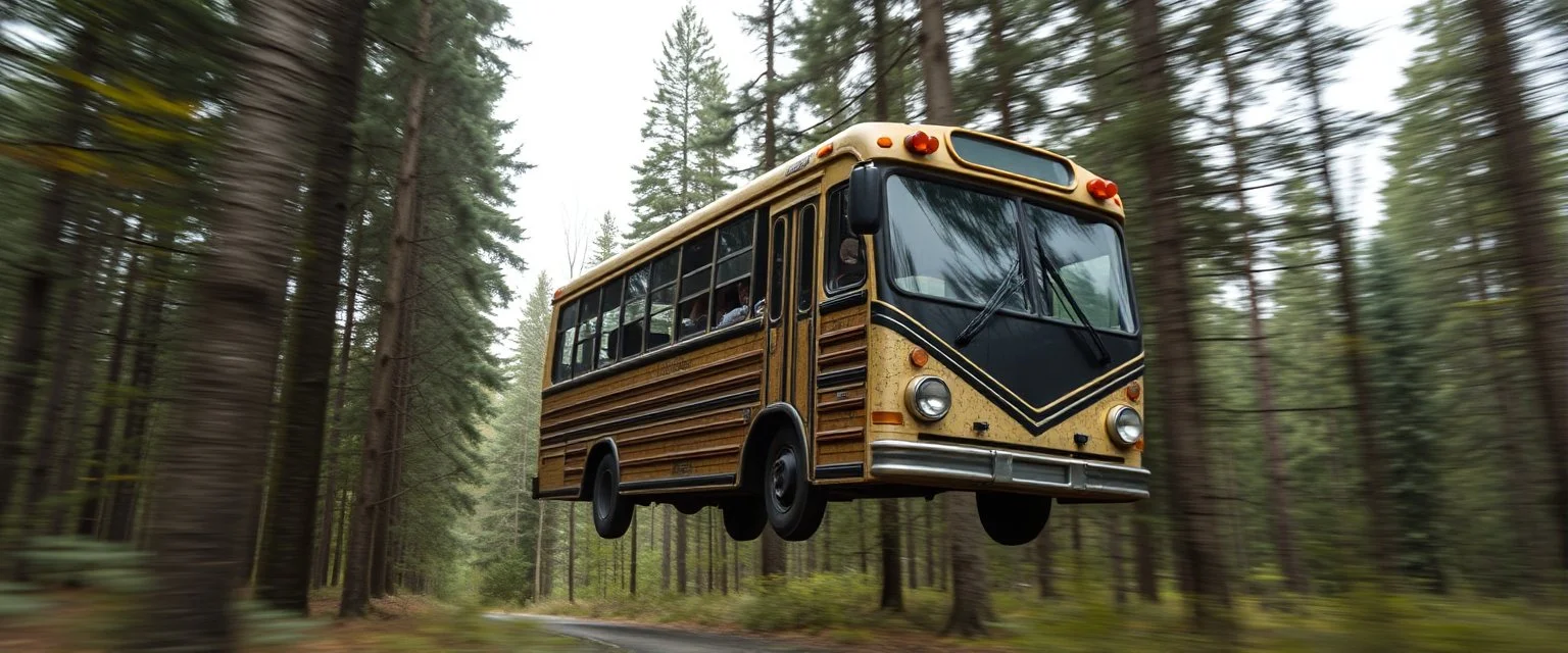 buss shaped like a rat flying through a forest