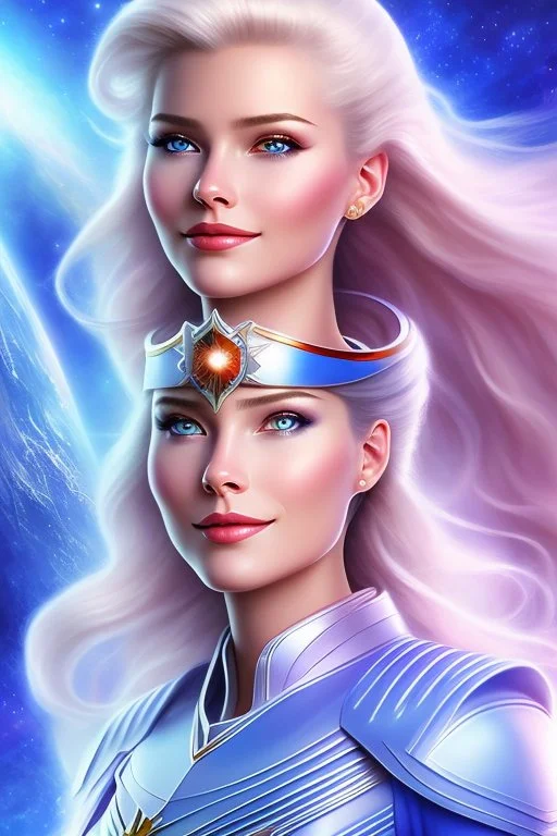 young cosmic woman pléiadian admiral from the future, one fine whole face, large cosmic forehead, crystalline skin, expressive blue eyes, blue hair, smiling lips, very nice smile, costume pleiadian,rainbow ufo