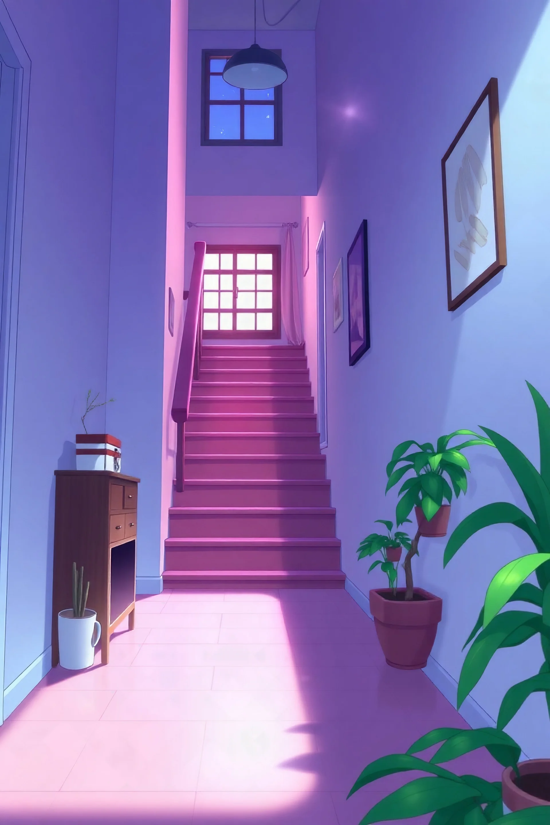 home interior,stairs view from side, day time, anime style background --ar 3:2