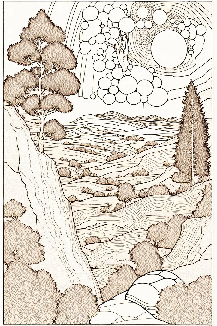 Peaceful, Egon Schiele, Max Ernst, night sky filled with galaxies, planets and stars, rock formations, trees, flowers, one-line drawing, sharp focus, 8k, deep 3d field, intricate, ornate, one million strokes