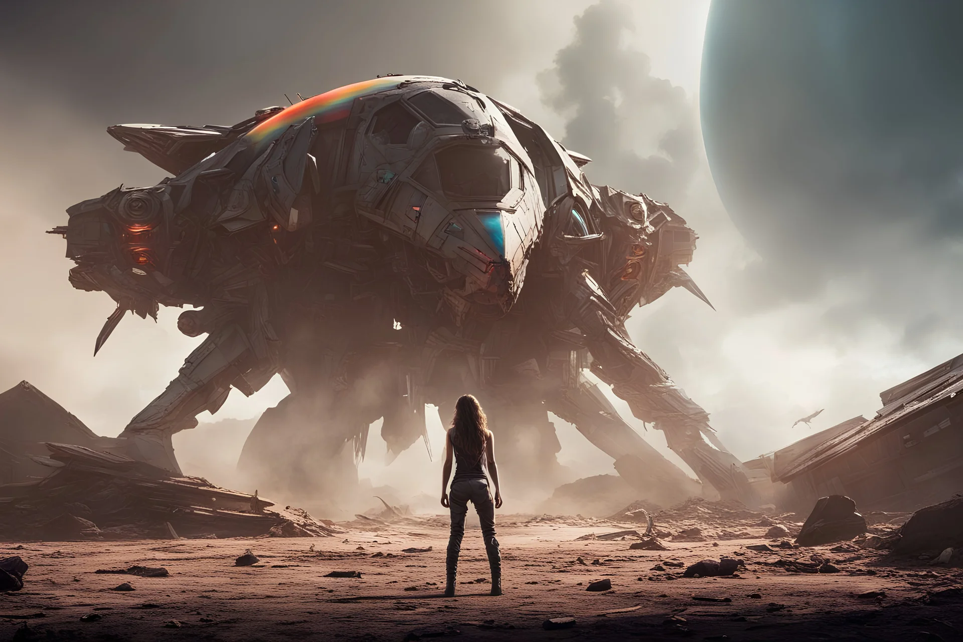 Beautiful girl with rainbow eyes, tribal warrior, strong, sad, resilient, defiant, full body, with family of 5 beside her, defending, Masterpiece, best quality, cinematic lighting, futuristic, standing in front of crashed spaceship, tough stance.