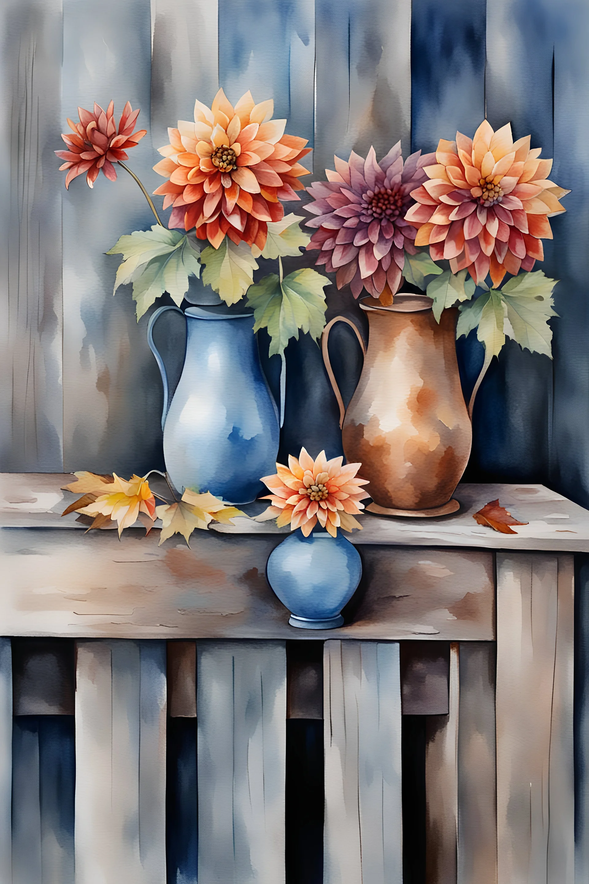 watercolor painting of two antique and rusty metallic vases with colorful dahlia's and autumn leafs over rustic wooden bench, an old blue painted fence in the background, beautiful still life