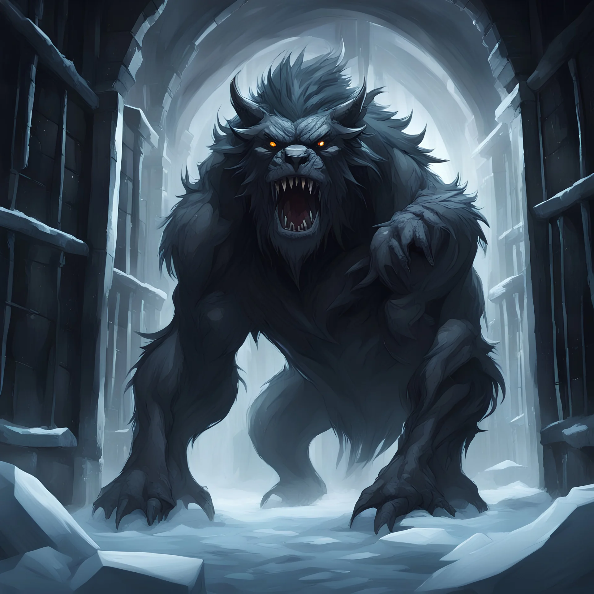 A dark beast that lurks in a icy prison, in game cg art style