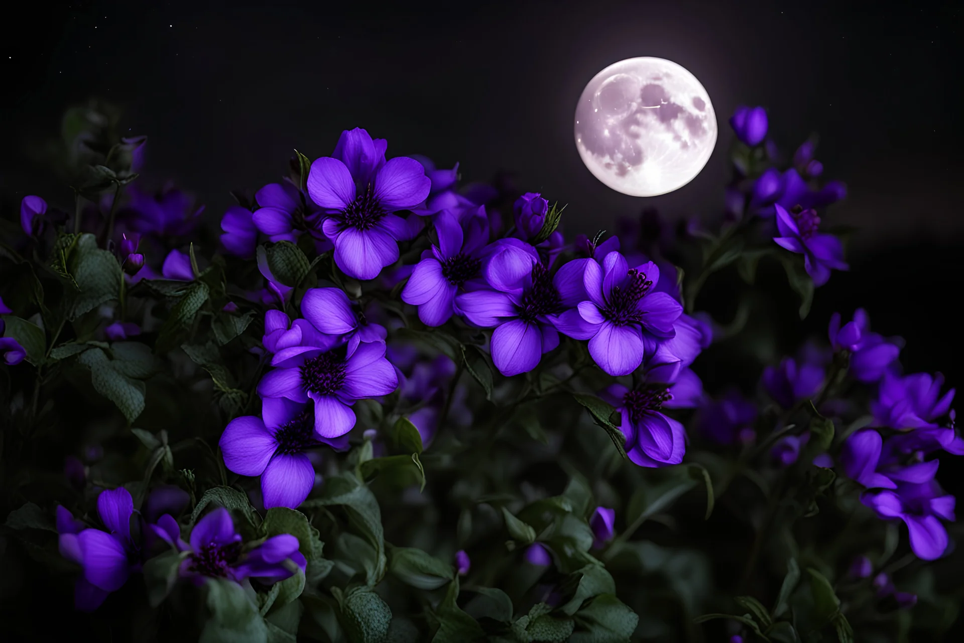Night, moon, purple flowers, photography