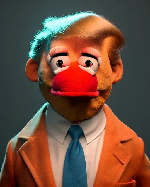 Waist up Portrait, Donald trump muppet, Sesame Street style, Wes Anderson style, photo studio, unreal engine 5, god lights, ray tracing, RTX, lumen lighting, ultra detail, volumetric lighting, 3d.