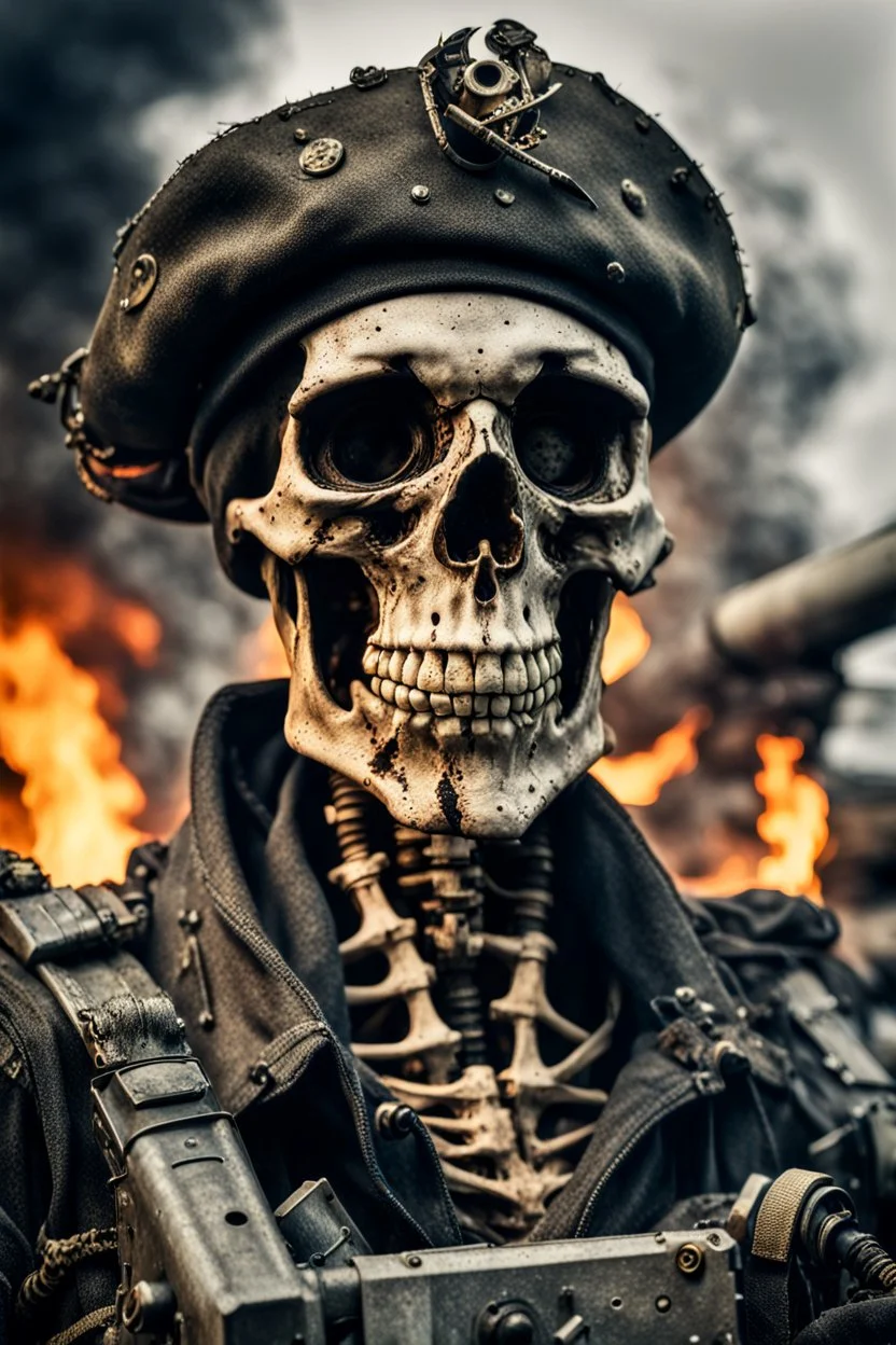 ultra high definition image of an attractive but scary looking skeleton, rising from the ashes, a war veteran, partially humanlike characteristics, army beret and ripped amo wear, very detailed, chaotic background, dramatic close-up action shot of him on a burned out war tanker with a torpedo on shoulder ready to fire and ammo ,gothic and dark theme, 12k