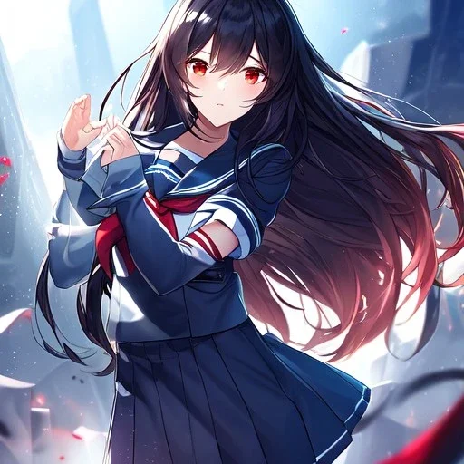 Clear Focus, High resolution, Black long hair, Red eyes, Wearing a sailor uniform, epic battle scene, dark