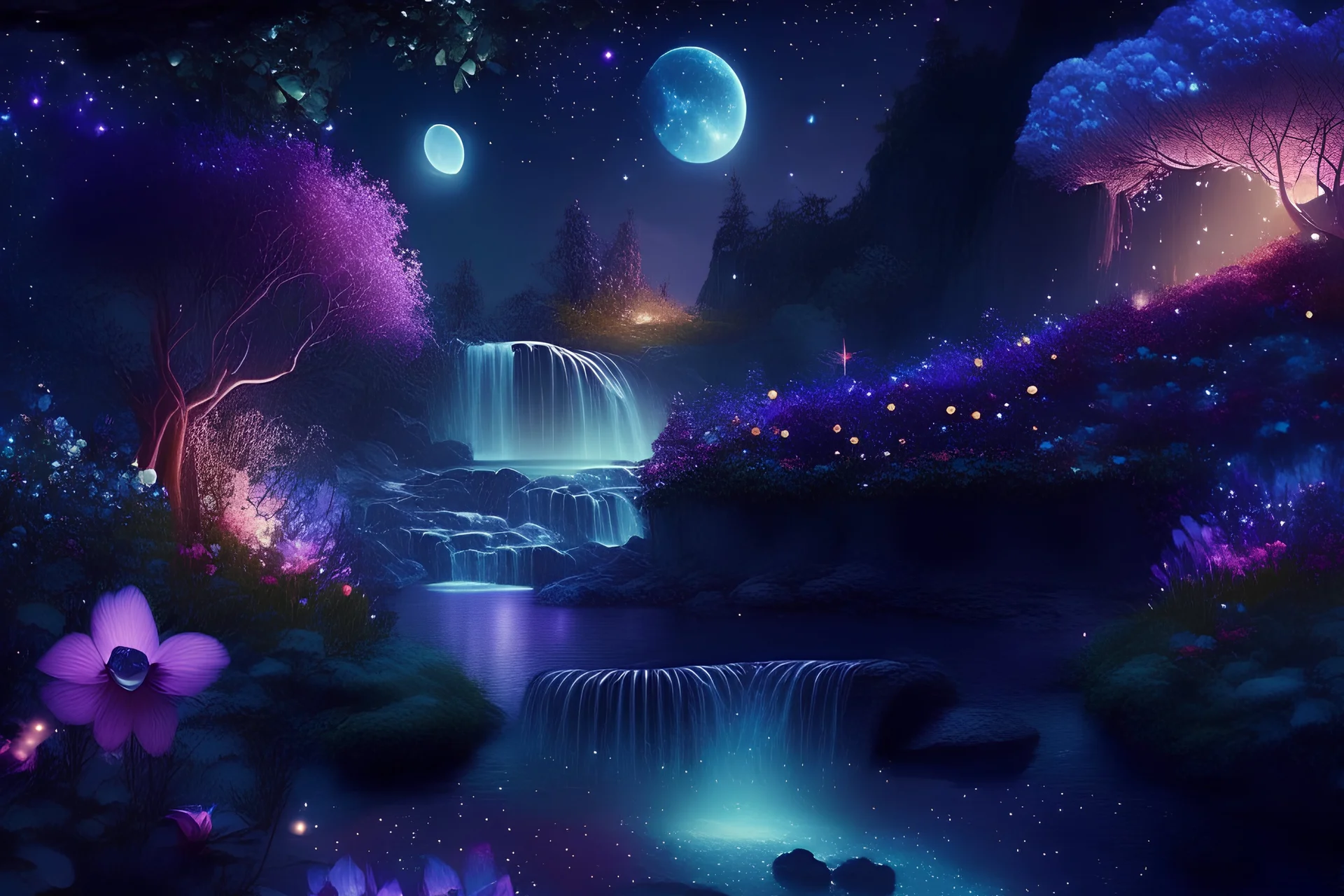 beautiful fairy land in space,night lights,flowers,river,waterfall,trees