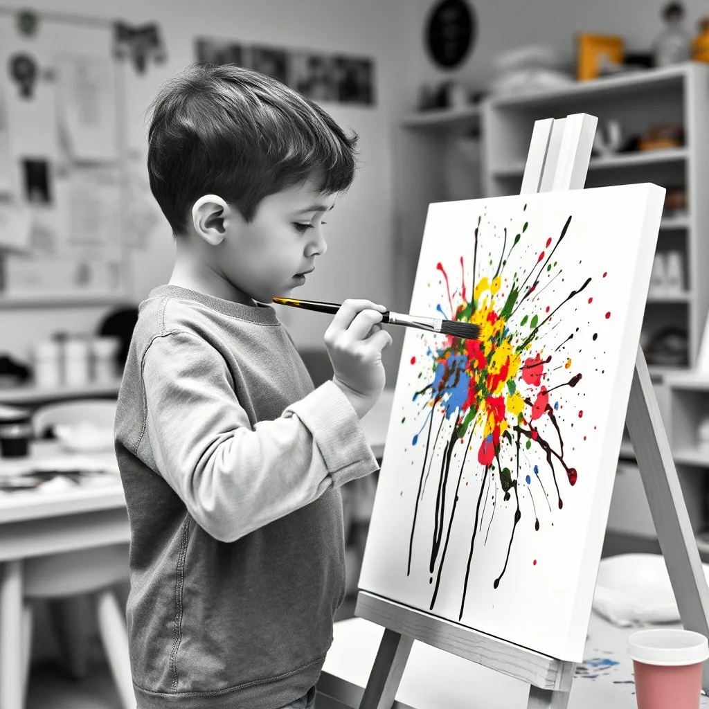 black and white photo of a kindergarten classroom where a 6 year old child flings colorful paint with a paintbrush at a white canvas on an easel making an incredible cutting-edge expressionist ink drip color paint splatter artwork worthy of Jackson Pollock, mixed media, color pop