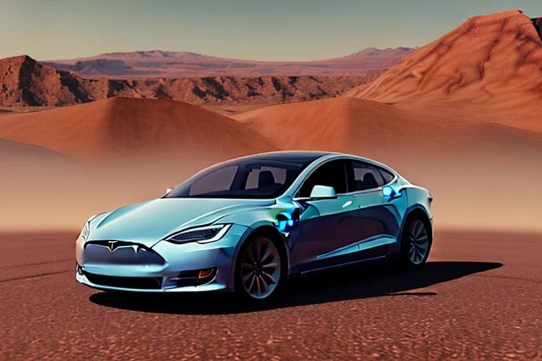 A Tesla 'Model S' is racing at top speed, in the Mojave Desert. (CINEMATIC, WIDE ANGLE LENS, PHOTO REAL)