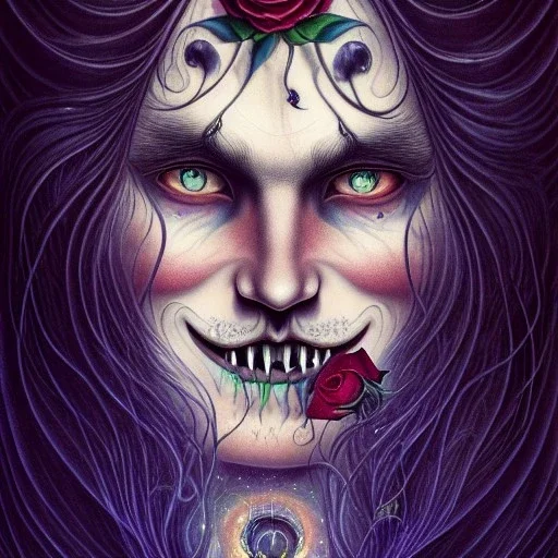 perfect long-haired Vampire, perfect eyes,perfect vampire teeth, full tattoos of roses art and trees extending past face and morphing into galaxy, 8k resolution, high-quality, fine-detail, intricate, digital art, volumetric lighting ,style Daniel Merriam