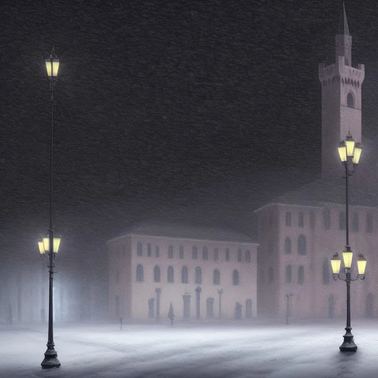 Old oil painting of a very dark square in Florence in a stormy night. A cathedral dome in the background. A streetlight. Snow is covering the pavement. A black cat sitting in the snow. HDR. 8K.