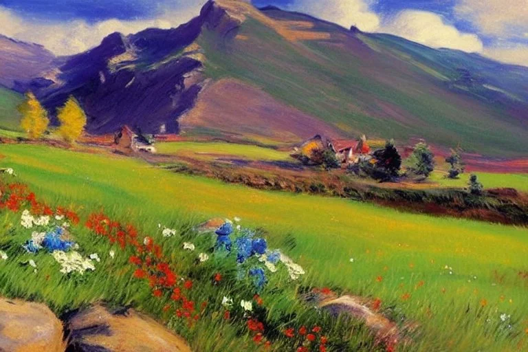 Mountains, sunny day, clouds, rocks, flowers, grass, distant houses, vegetations, distant trees, lesser ury impressionism painting