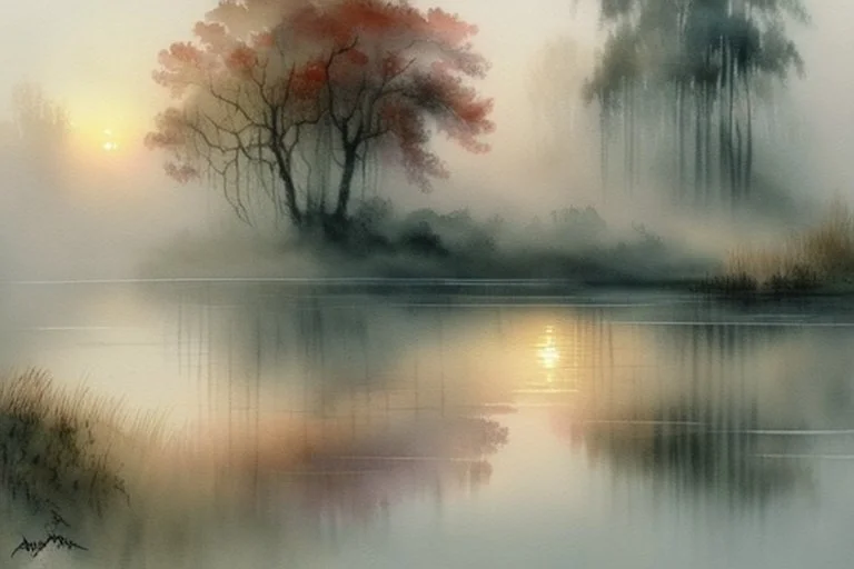 Sunrise on a misty morning. over a misty pond in the hieght of fall.Watercolour by Alison Brady. Pastel colours Arthur Rackham Gothic Watercolour Jean-Baptiste Monge Ernst Haeckel Minimalist Kay Sage watercolour art