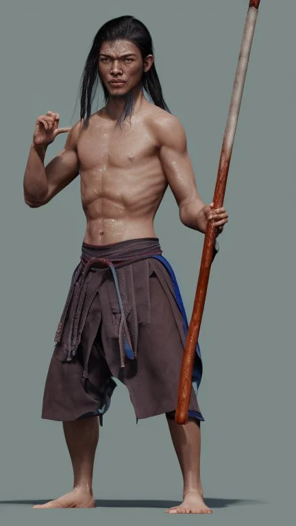 A young male water genasi with deep blue skin color, water shape dred hair on head. Shaolin monk with long stick weapon, kung fu master, martial art