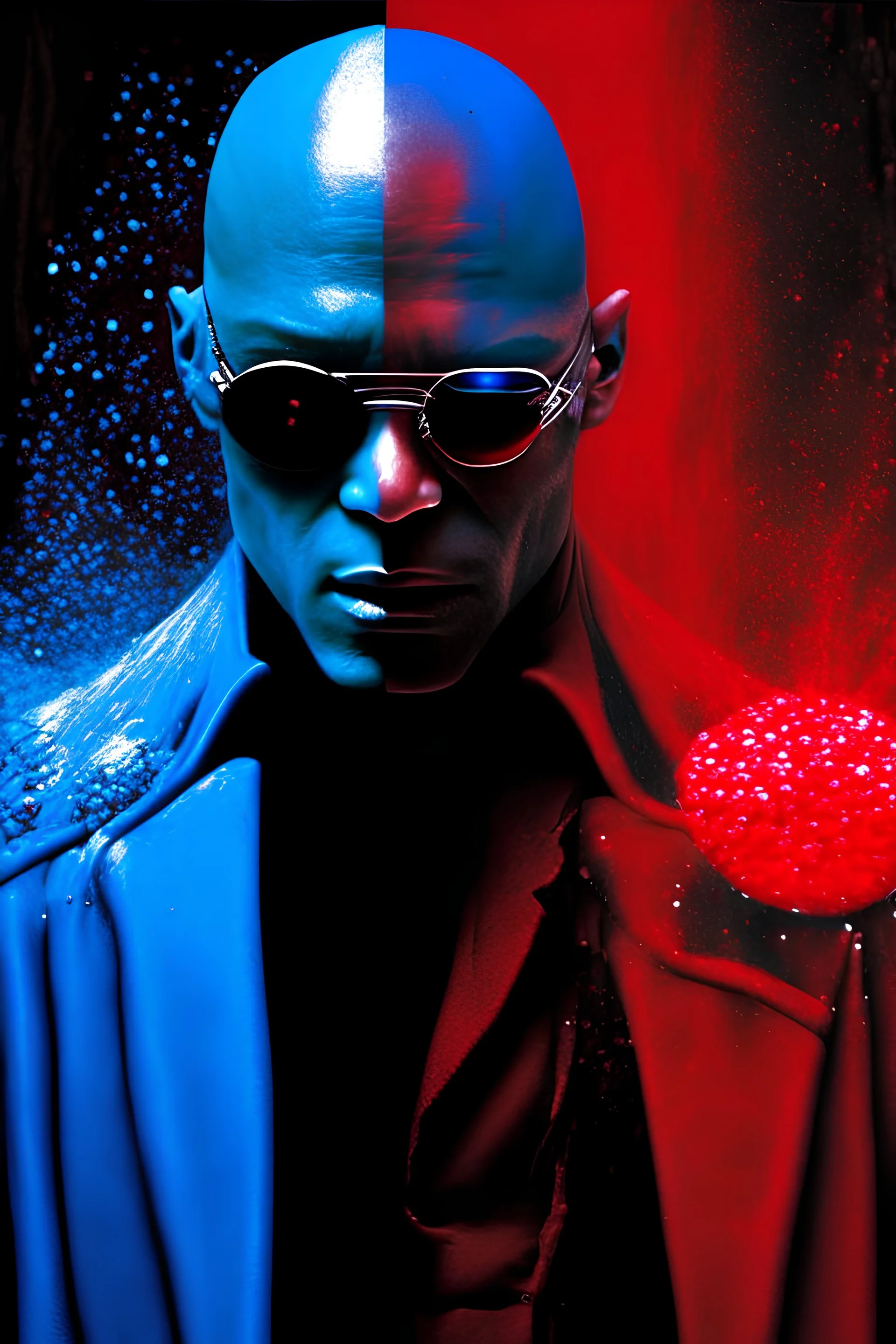 morpheus from the matrix offering red and blue pills