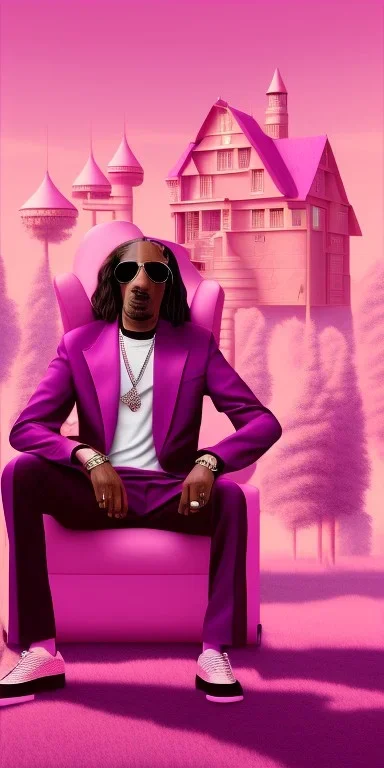 Snoop dogg. a chair. pink houses, pink sky, pink smoke, trees, outdoors.