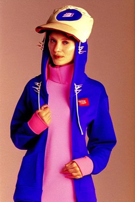 late 1990's women fashion.interesting hoodie with long tippet integrated to bolero -like attachement with pockets which goes up to a Hat with a visor with integrated headphones to it. Karjalainen kuvio, Karjala patterns. dress with strange cut. Colors: denim blue, blue, purple, khaki, "pastel light green", lilac, plum, orange, terracotta, red, pink, dark blue, beige. Women models. Starling pattern prints.Jennifer Lopez, Gwyneth Paltrow. intgrated bag. Big tennis shoes on. Cargo pants.